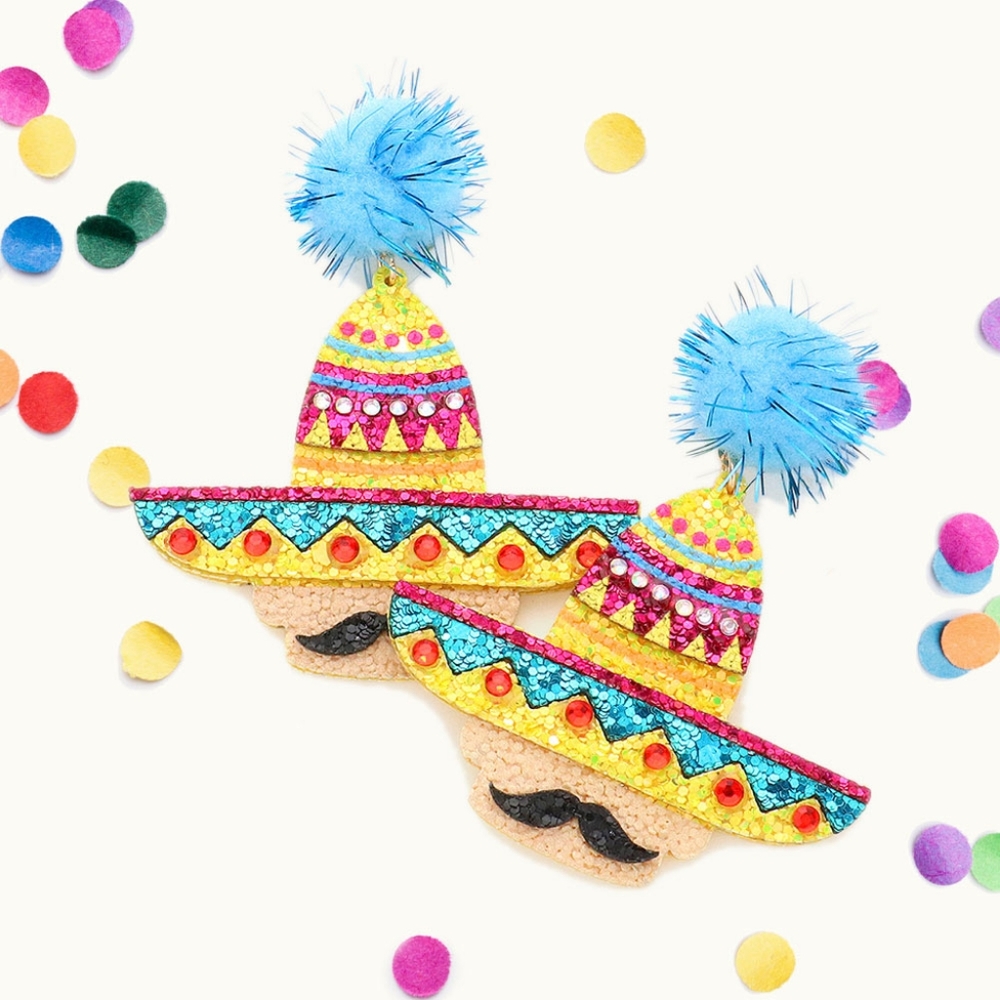 Light Blue Mustache Sombrero Hat Glittered Dangle Earrings Statement Jewelry